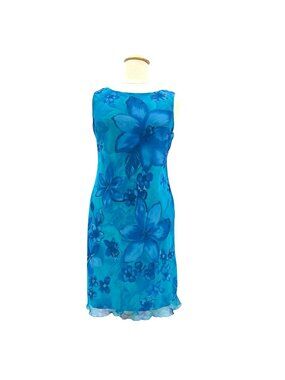 NWD Believe.... Womens 14 Dress Midi Floral Sheer Mesh Overlay Blue Sleeveless